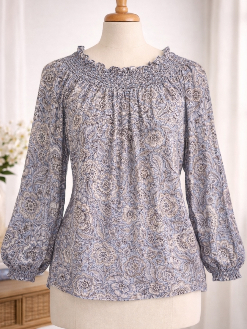Talbots Smocked Cotton Blouse | Balloon Sleeves | Blue & Cream Floral